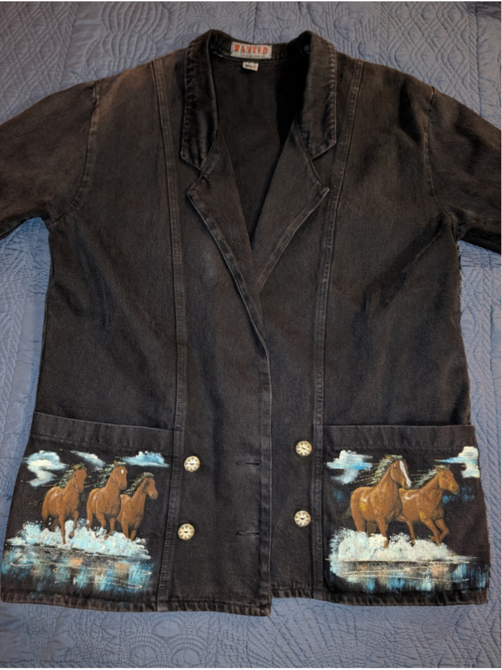 Vintage WANTED Redd Jeanswear Black Denim Horse Jacket L Western Horse Art 90s